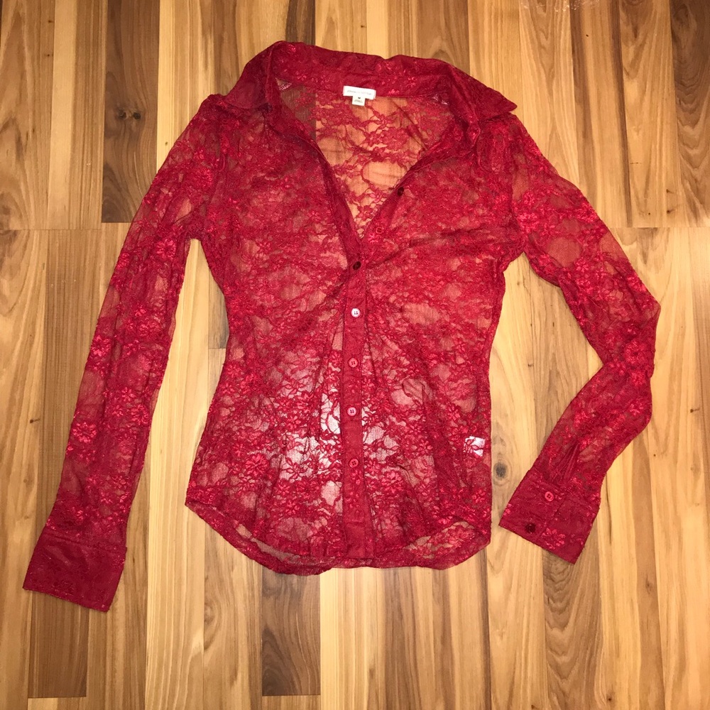 Red, lace, button up shirt